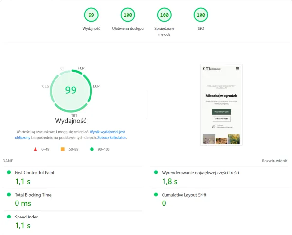 Wynik 99/100 w teście wydajności Google PageSpeed Insights dla zoptymalizowanej strony www